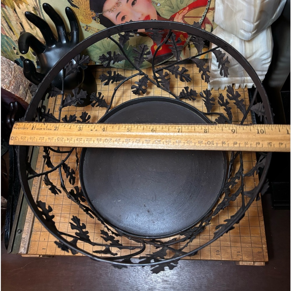 Large Metal Basket w Oak Leaves Branches Rustic 10.75”Dx5.75”H Philippines - Picture 11 of 11